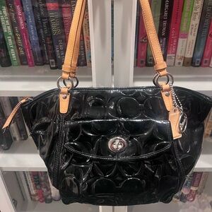 Coach Black Patent Shoulder Bag with Tan Straps